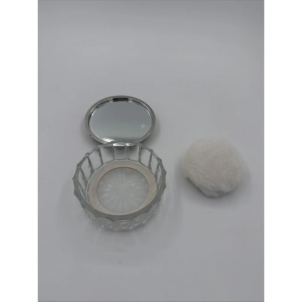 Ornate Silver-Plated Lid Glass Powder Jar with Powder Puff, Silver-Plated Metal